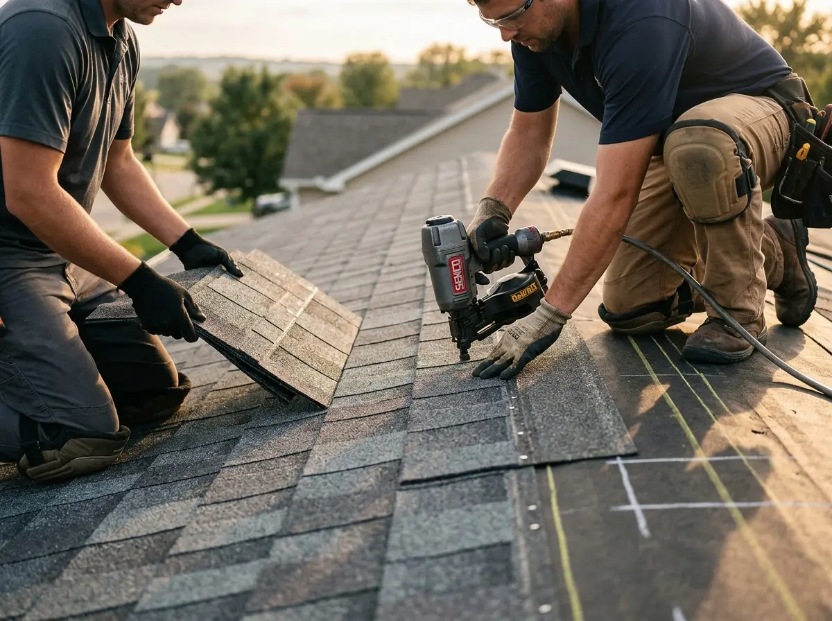 Professional roofer working on a residential roof in Lehigh Acres